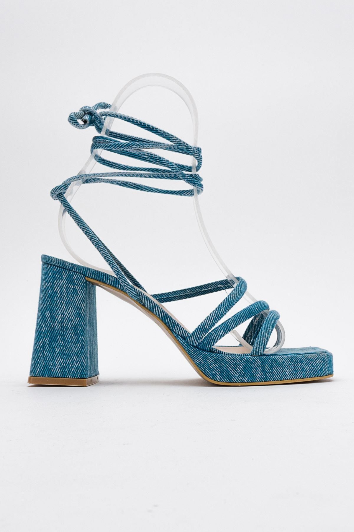 Kadın Bantlı ve İpli Platform Topuklu Kadın Sandalet Carisa Platform Gate Shoes Kot Mavi