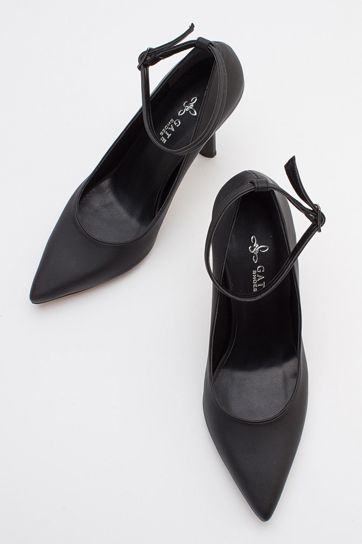 Bilekten Kemerli Ince Topuklu Siyah Saten Stiletto Ayakkabı-siyah