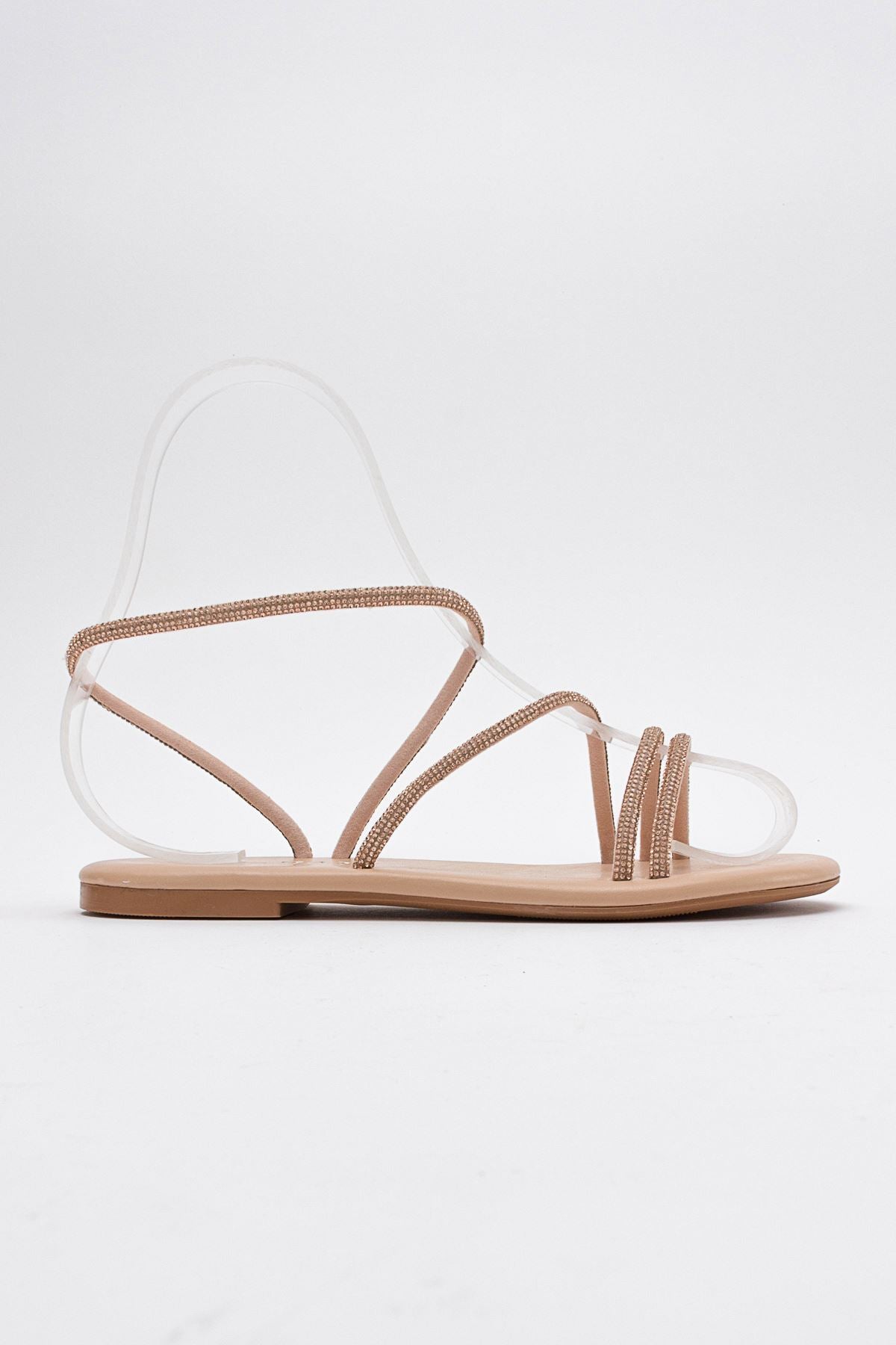 Breta Kristal Parlak Taşlı Alçak Tabanlı Kadın Sandalet Gate Shoes-rose