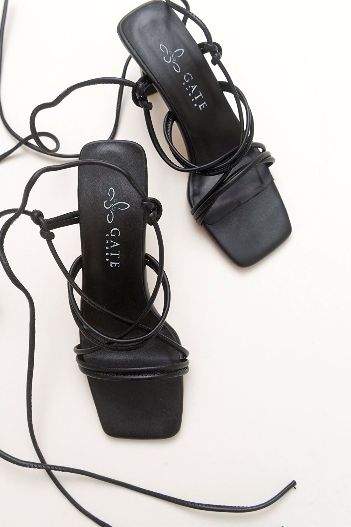 Kadın Bantlı Ve Ipli Klasik Topuklu Ayakkabı Sandalet Gate Shoes-siyah