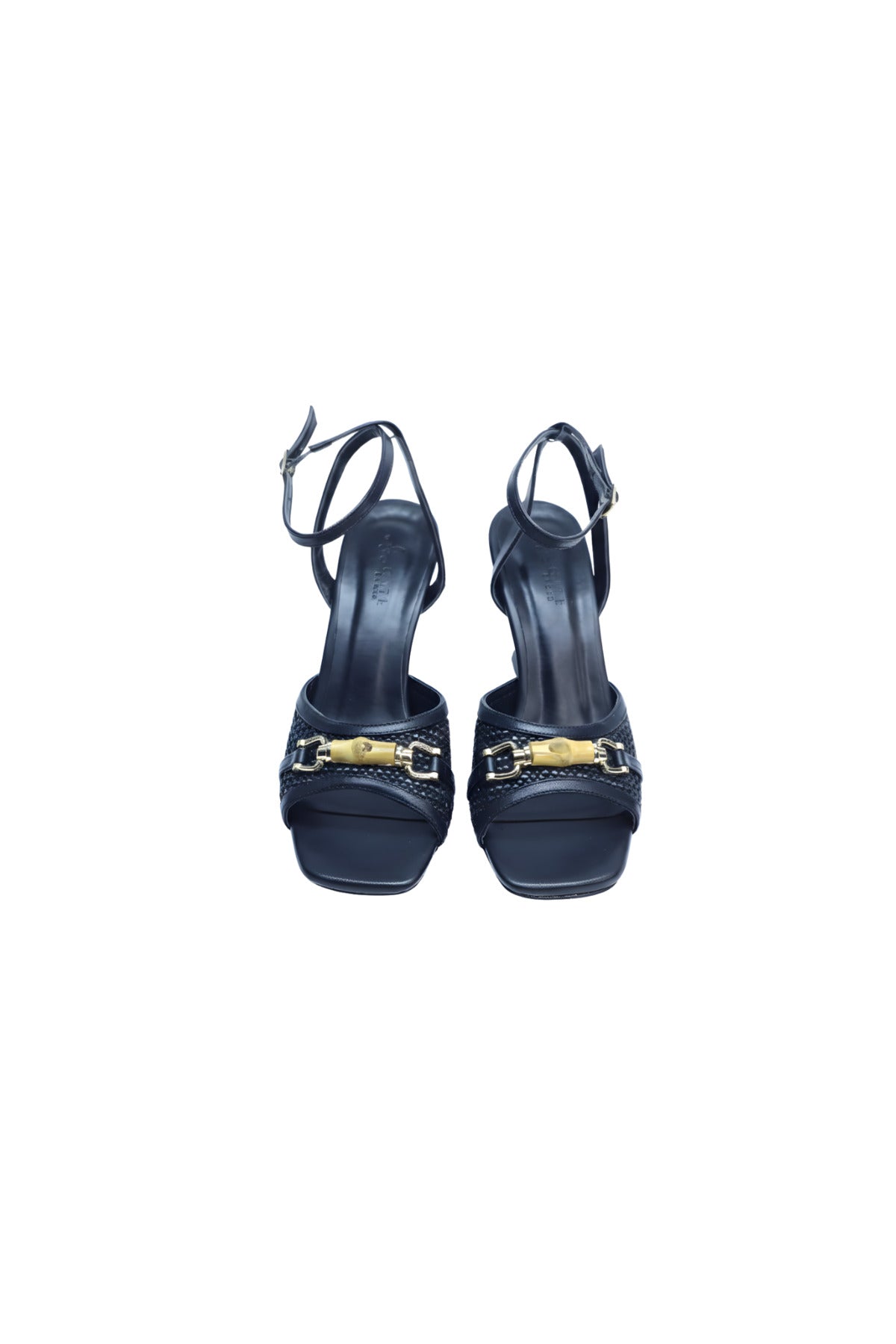 MORONE Kadın Siyah Hakiki Deri Görünümlü Gold Aksesuarlı Kadeh Topuklu Sandalet