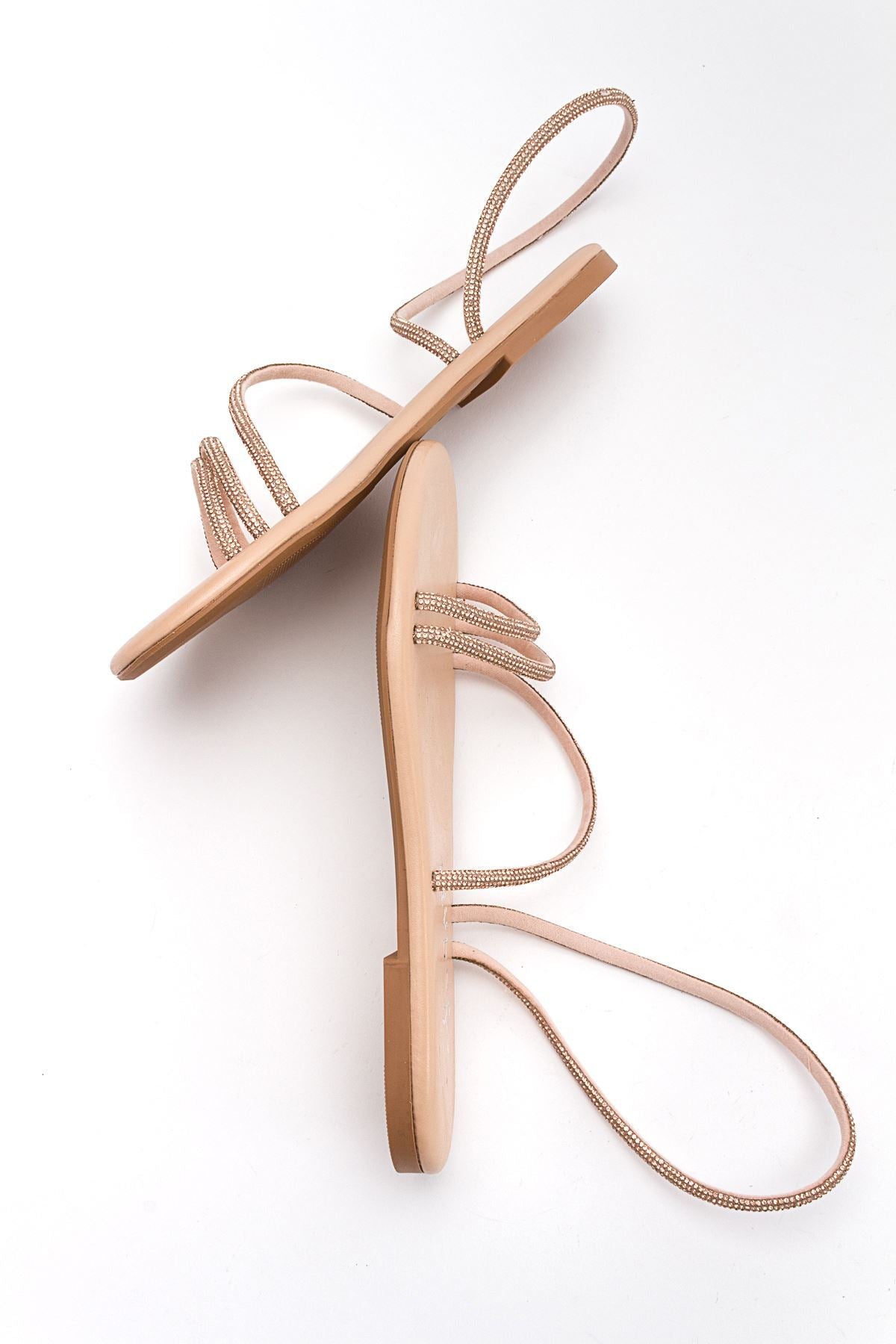 Breta Kristal Parlak Taşlı Alçak Tabanlı Kadın Sandalet Gate Shoes-rose