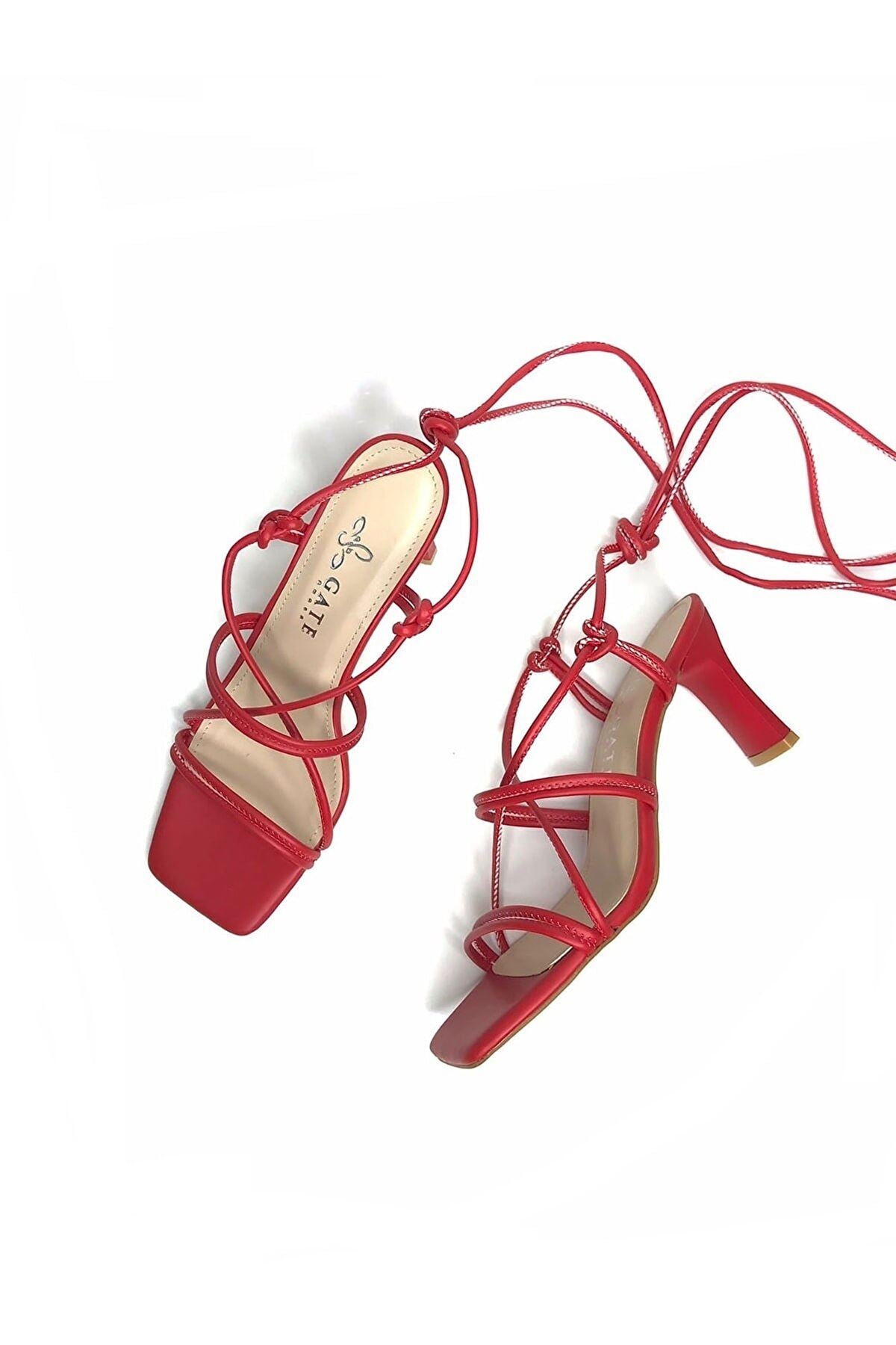 Kadın Bantlı Ve Ipli Klasik Topuklu Ayakkabı Sandalet Gate Shoes-kırmızı