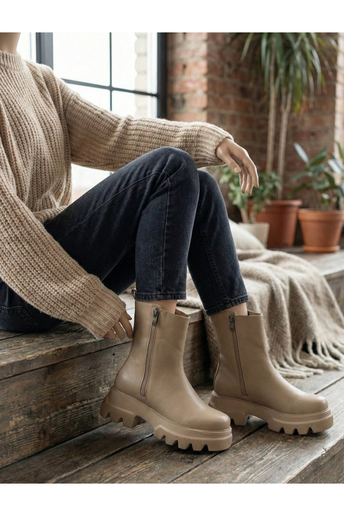 GİANNA Kışlık Kadın Fermuarlı Bot-Bej