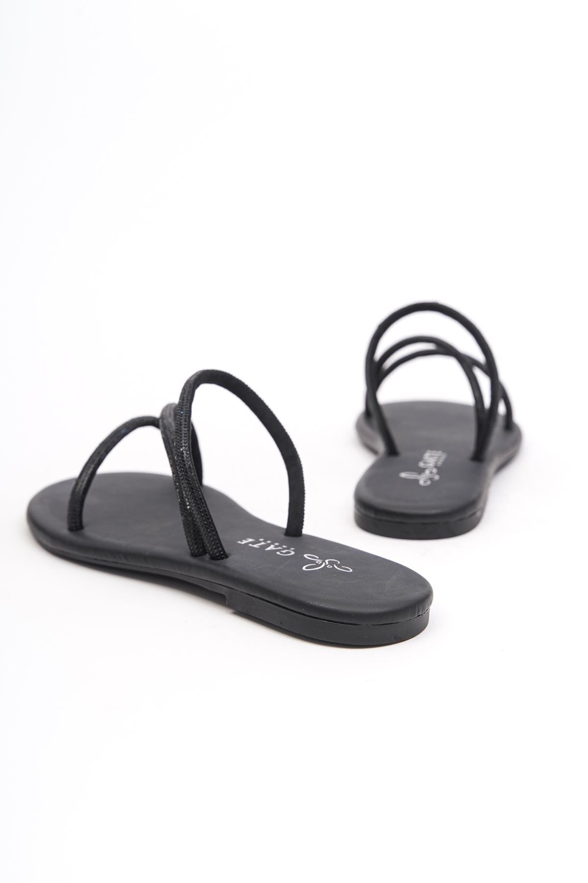 Areta Kristal Parlak Taşlı Alçak Tabanlı Kadın Sandalet Gate Shoes-Siyah