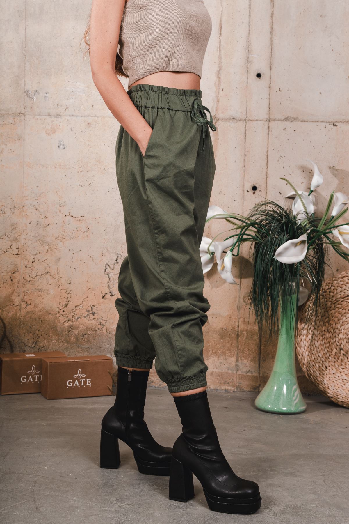 Eleni Platform Topuk Deri Streç Kadın Bot Gate Shoes-siyah