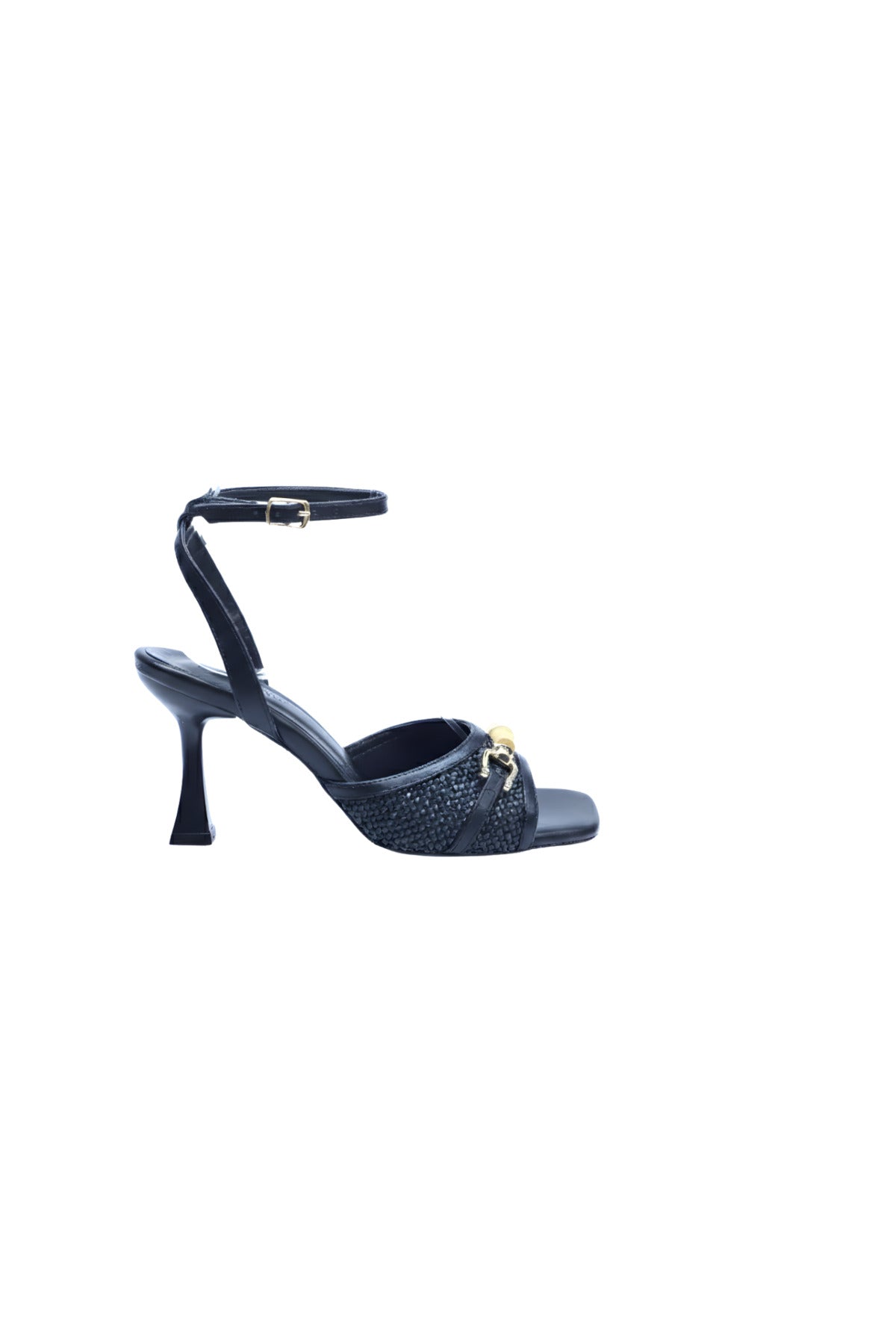 MORONE Kadın Siyah Hakiki Deri Görünümlü Gold Aksesuarlı Kadeh Topuklu Sandalet