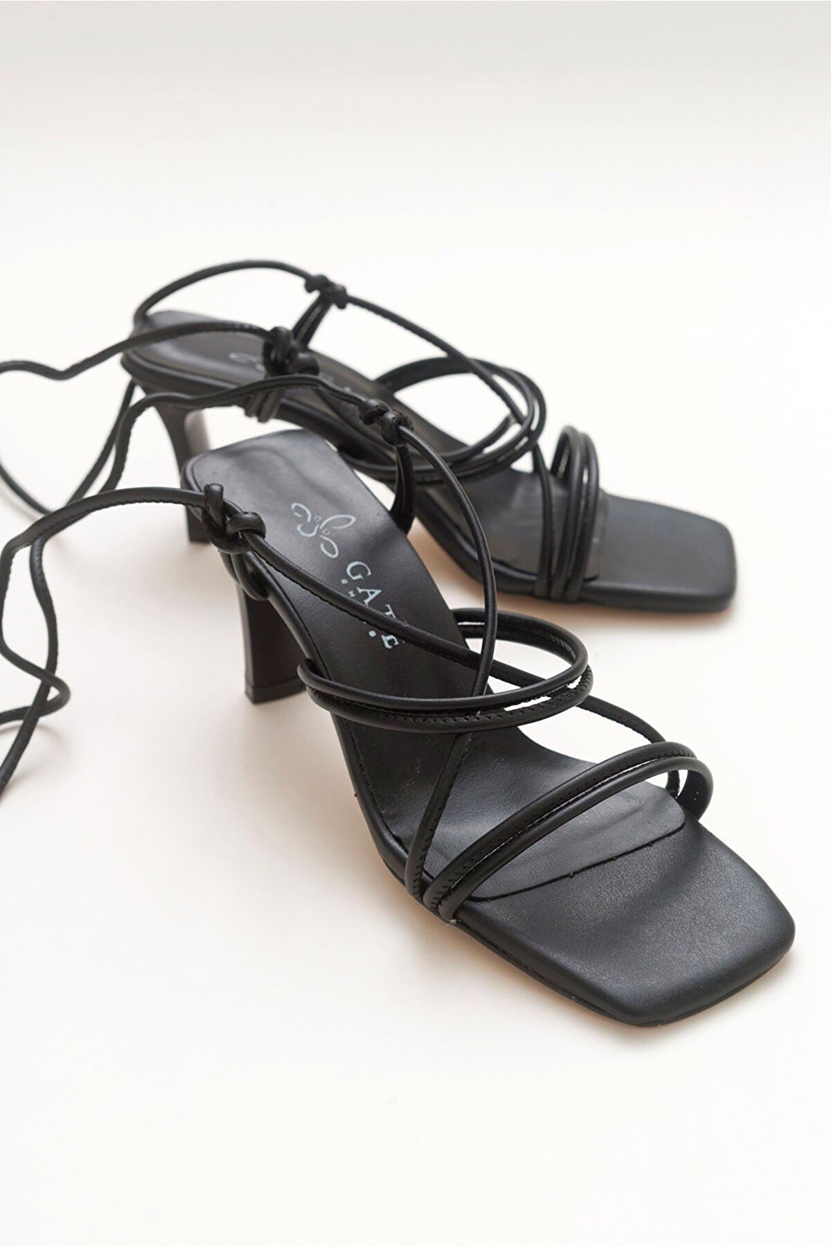 Kadın Bantlı Ve Ipli Klasik Topuklu Ayakkabı Sandalet Gate Shoes-siyah