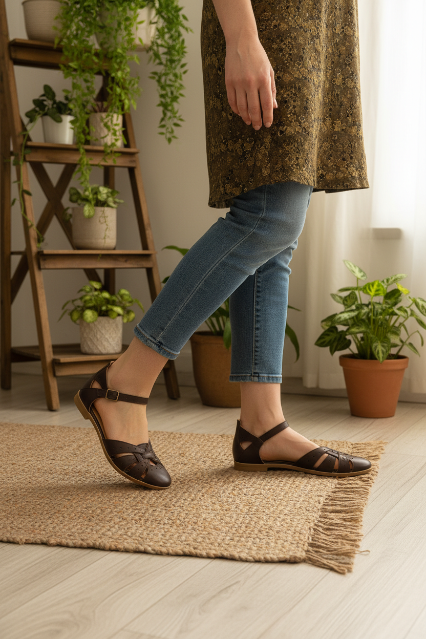 AI Model Studio: Marsu Hakiki Deri Kahve Kadın Sandalet - Günlük Konforlu Tasarım